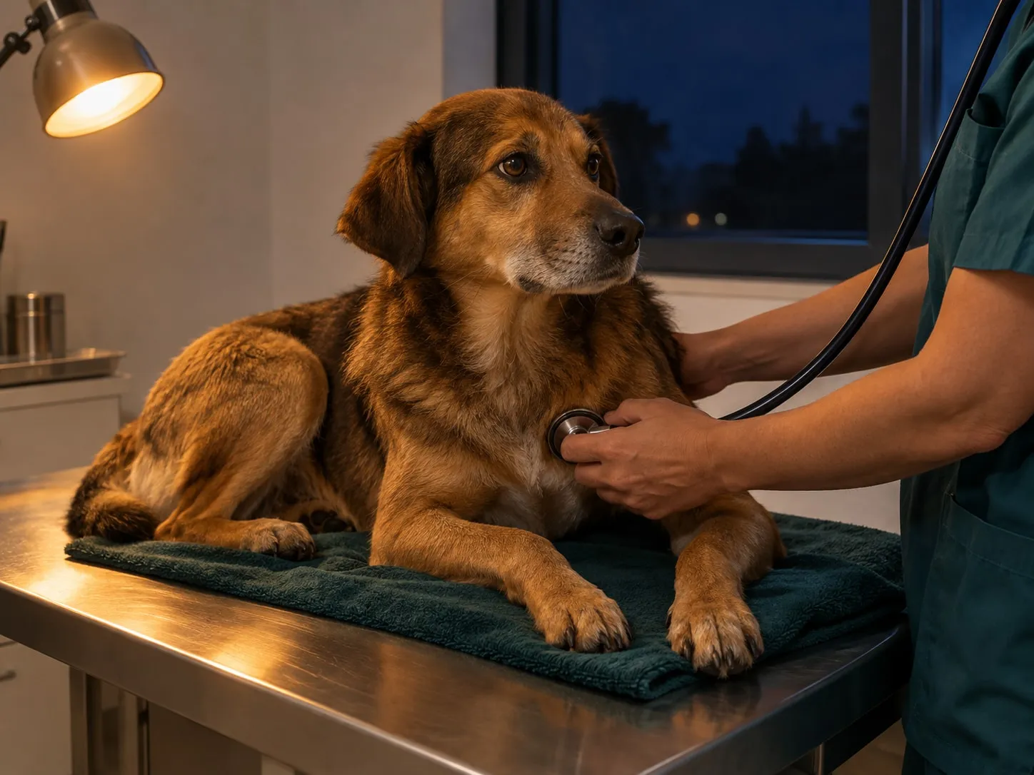 Veterinária a examinar um cão na marquesa, de noite