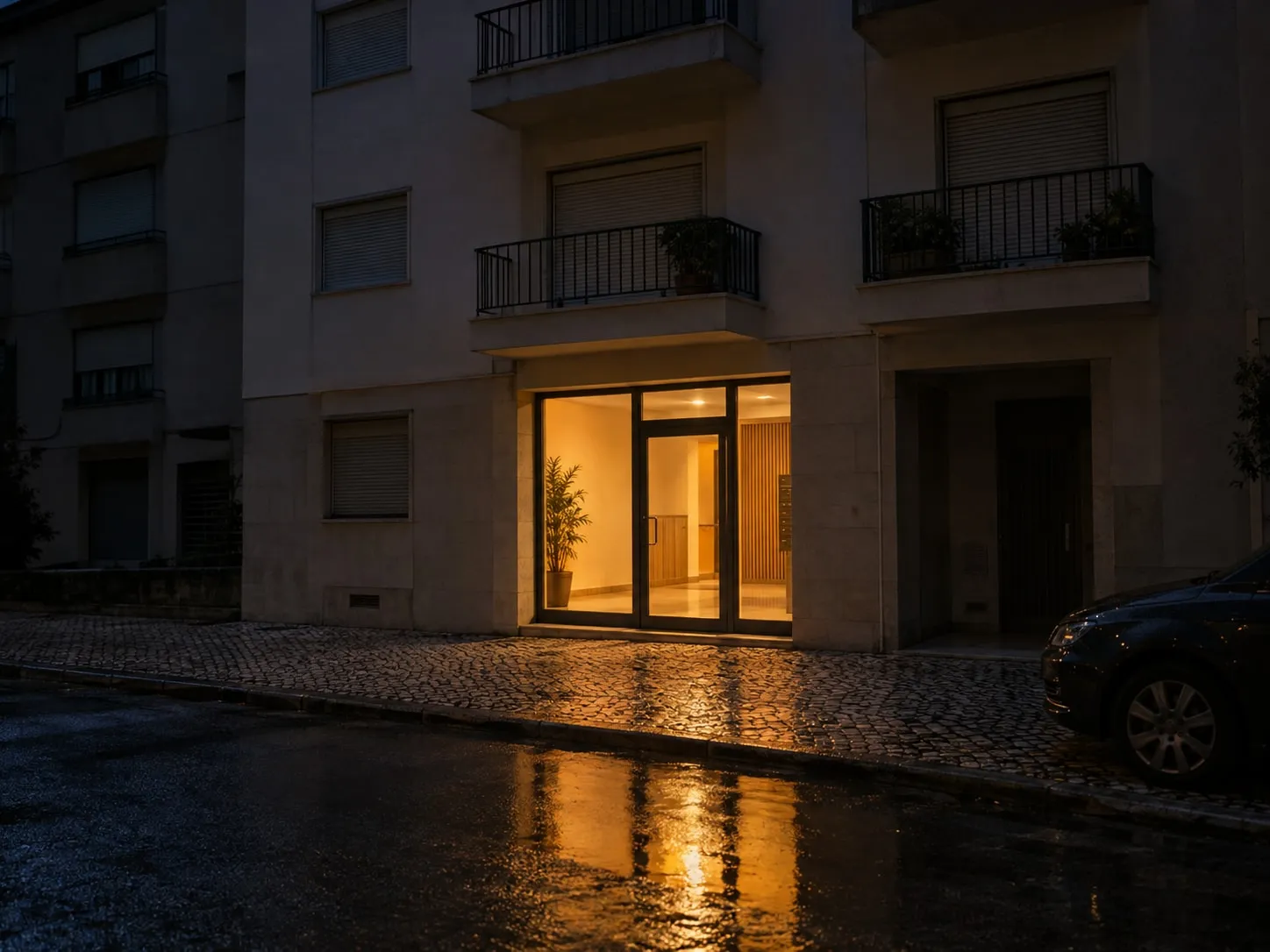 A entrada iluminada do hospital à noite